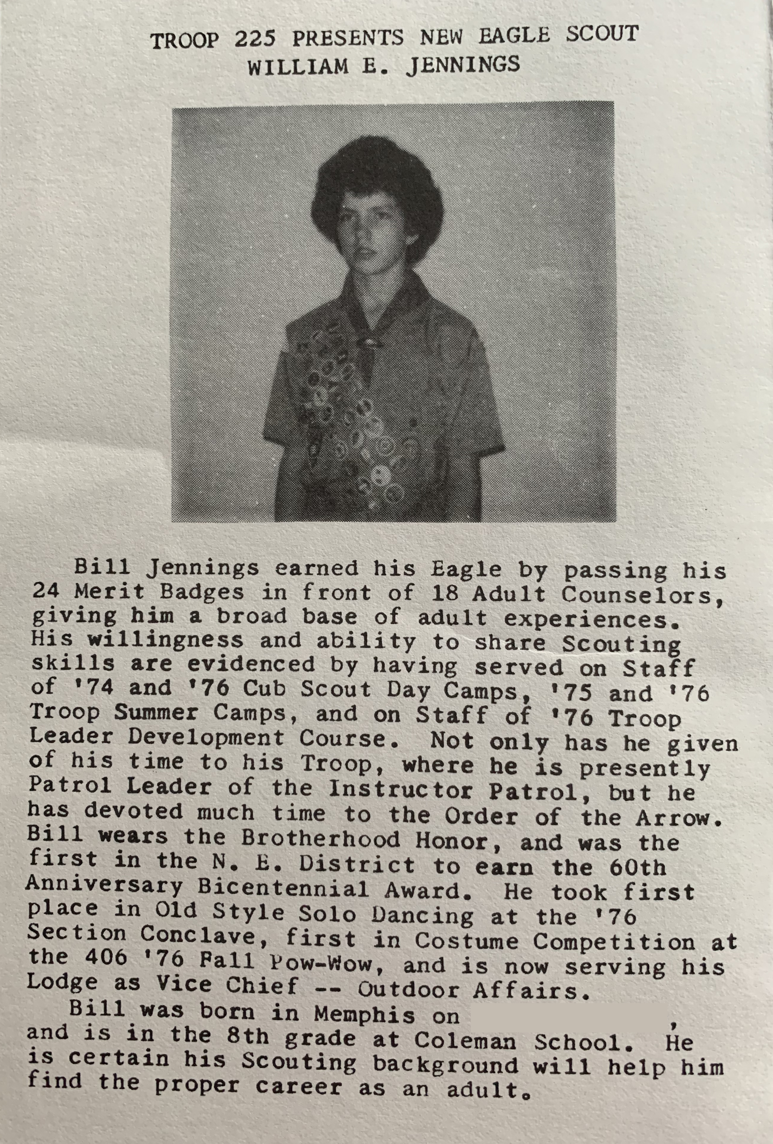 Troop 225 Eagle Court of Honor program · William E. Jennings · Memphis · 1976