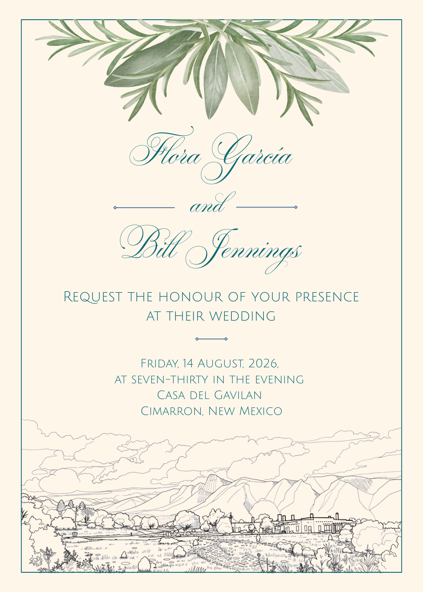 Flora García and Bill Jennings — Wedding Invitation — Friday, 14 August 2026 — Casa del Gavilan, Cimarron, New Mexico