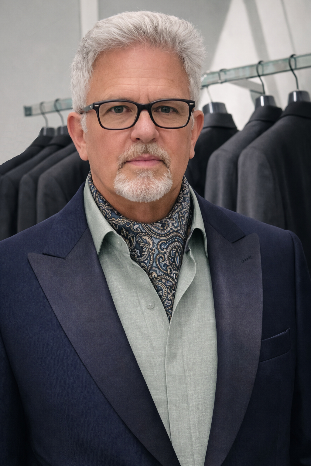 Ceremony Look — Canali navy tux · Devyn · sage shirt