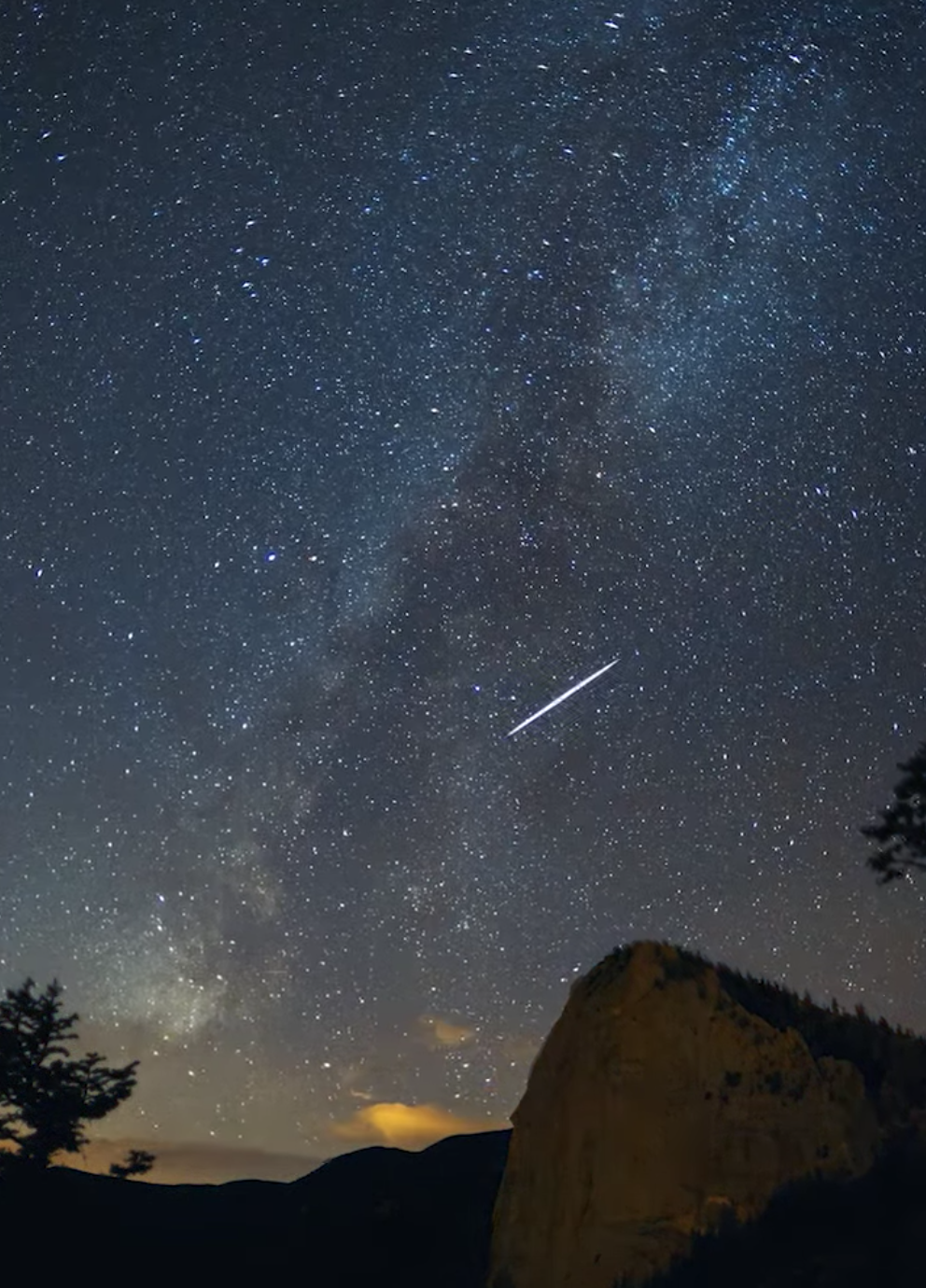 Perseid meteor over the Tooth of Time · Milky Way · Philmont