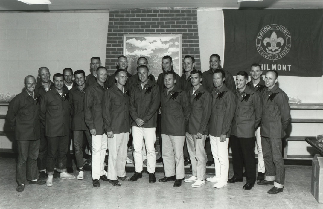 Apollo astronauts at Philmont Scout Ranch · geology field trip · June 1964 · Neil Armstrong · Buzz Aldrin · red Philmont jackets