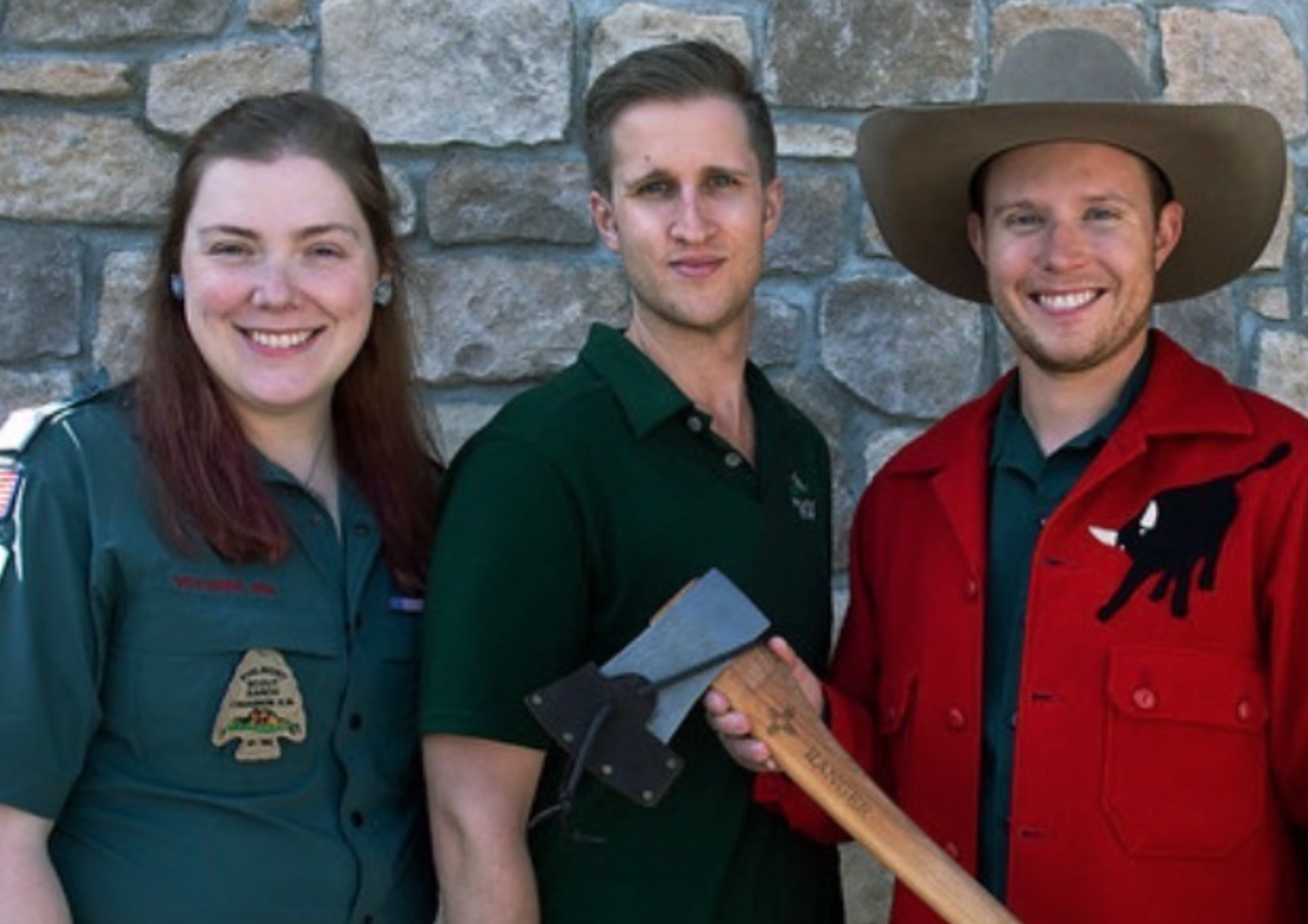 Philmont staff · Ranger axe · red wool jacket with black felt bull · Tooth of Time earned